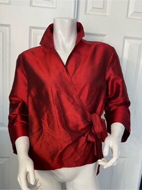 💯Silk Notations Crimson Wrap Blouse with Side Tie